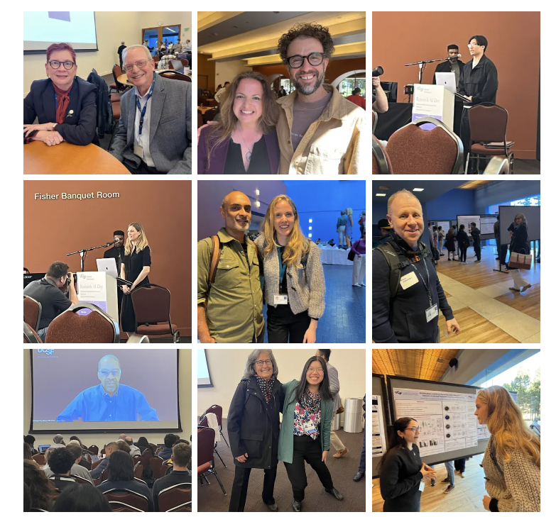 UCSF leaders and Atul Butte individual award winners at UCSF AI Research Day. Images include: Talmadge King, Catherine Lucey, Bob Wachter, Marina Sirota, Aenor Sawyer, Alice Tang, Ashish Raj and Boris Oskotsky